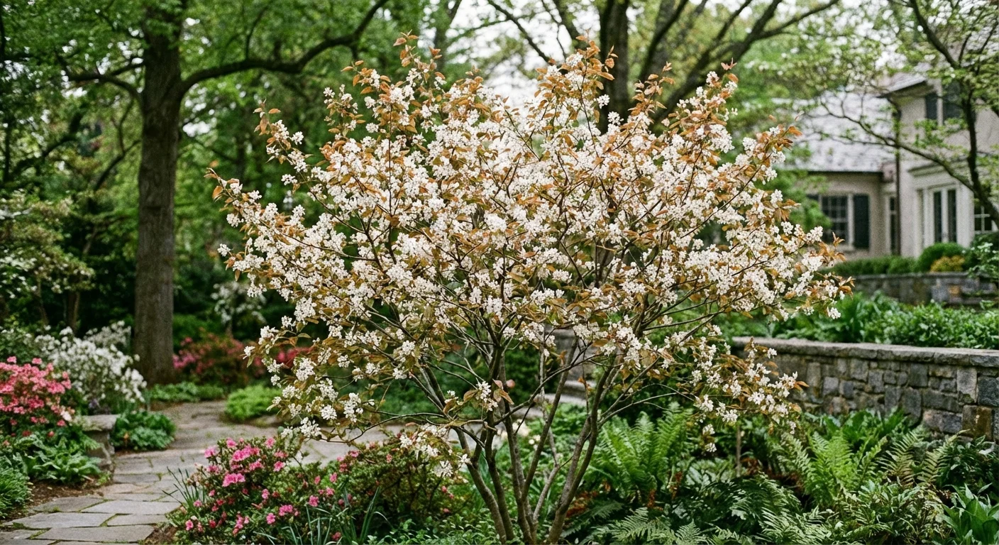 A multi-stemmed Amelanchier tree with white blossoms in a shaded garden.