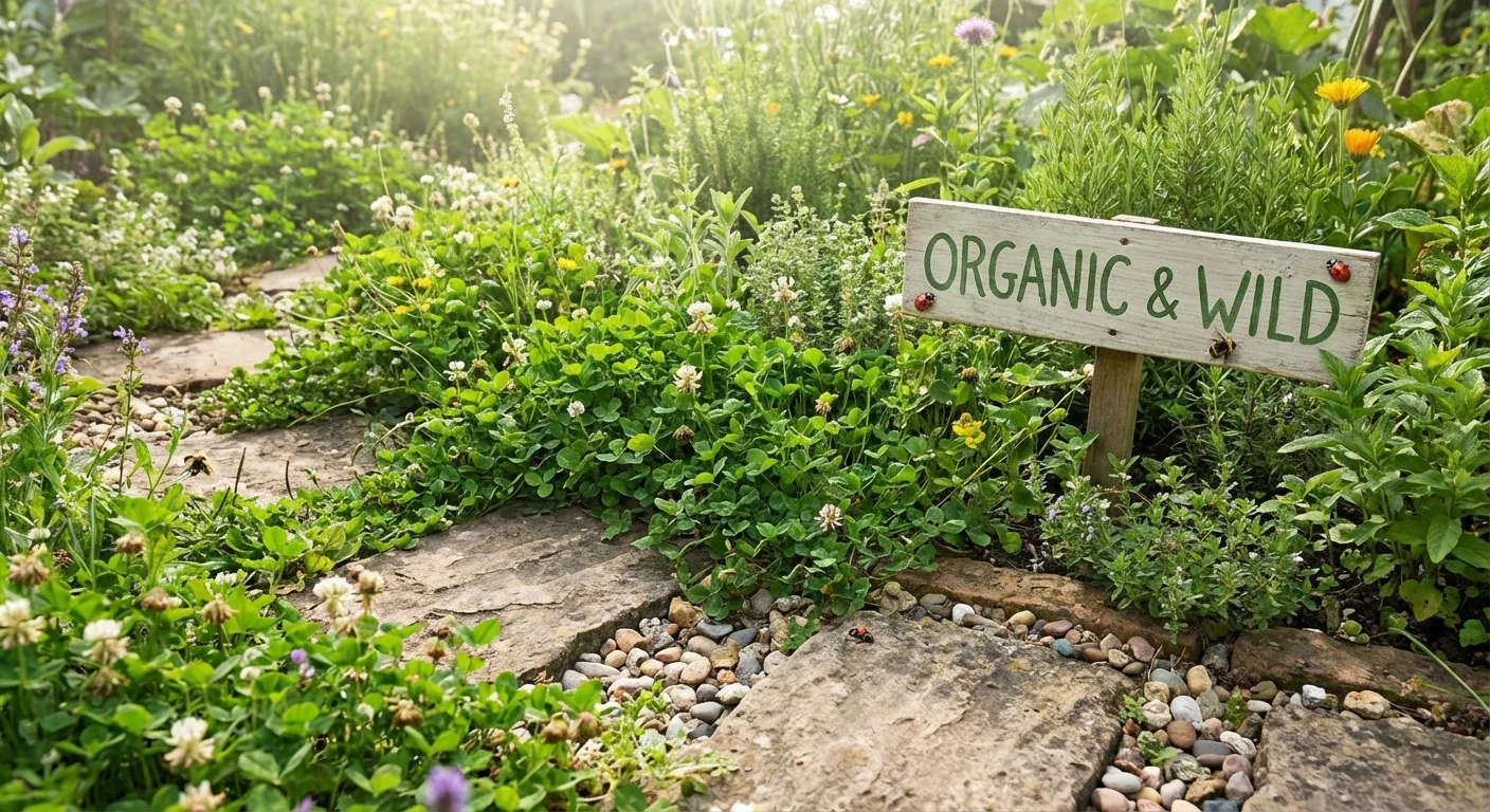 A natural, chemical-free garden patch with thriving clover.