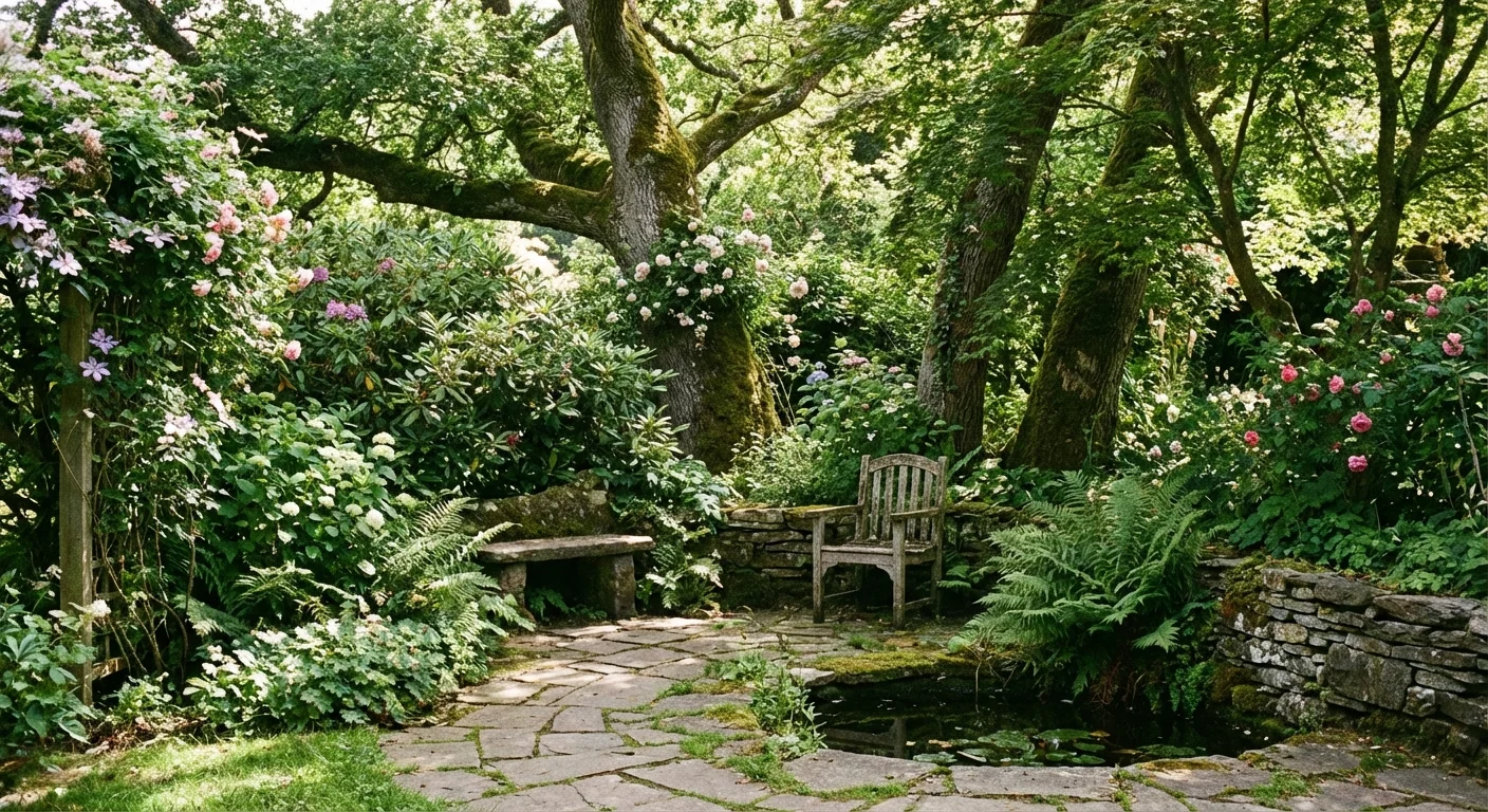 A natural garden corner using existing trees and shrubs to create a private nook.