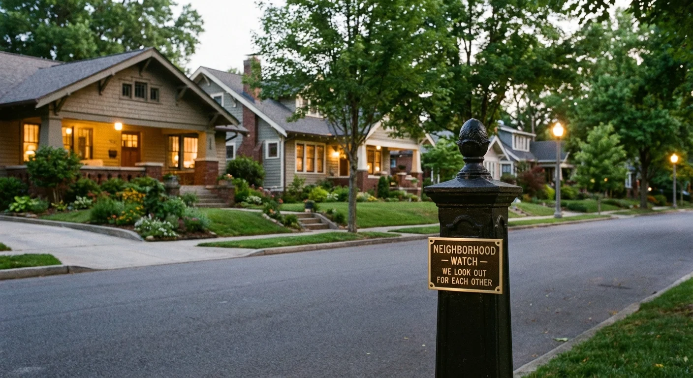 A neighborhood watch sign in a quiet, well-maintained residential area at dusk.