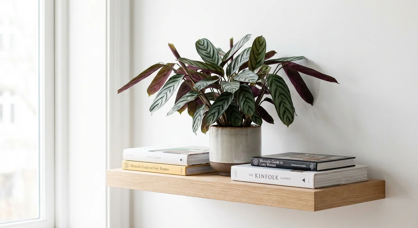 A Never Never Plant with green and silver leaves on a floating wall shelf.