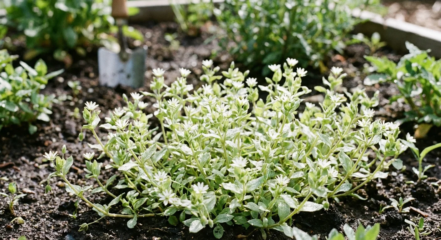 A patch of delicate green chickweed with tiny white flowers in a garden bed.