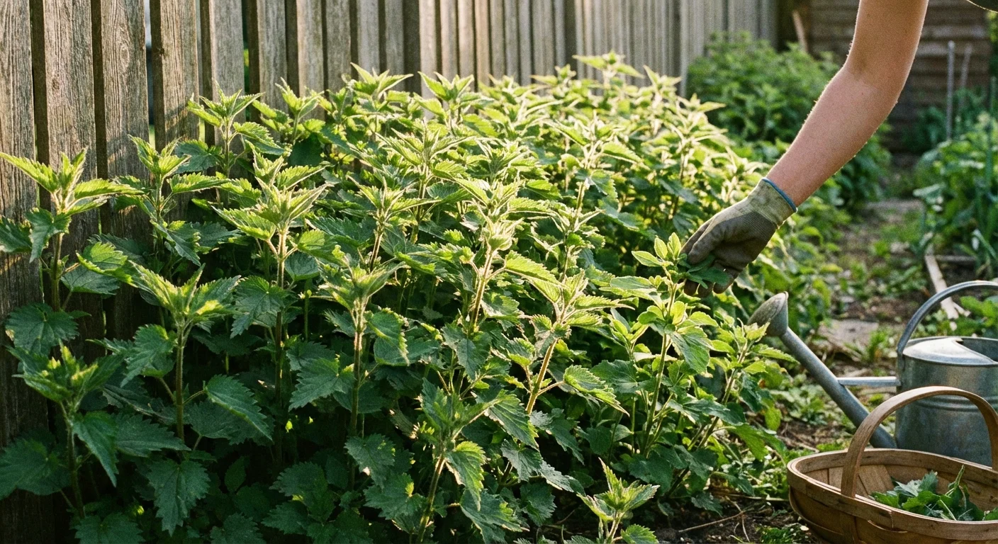 A patch of stinging nettles growing along a wooden garden fence.