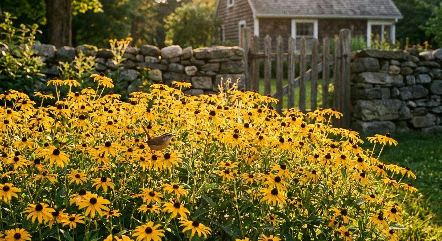 A patch of yellow Black-eyed Susans in a sunny garden.