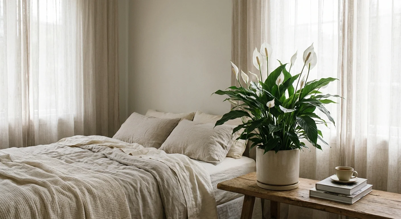 A Peace Lily with white blooms sitting on a bedroom nightstand.