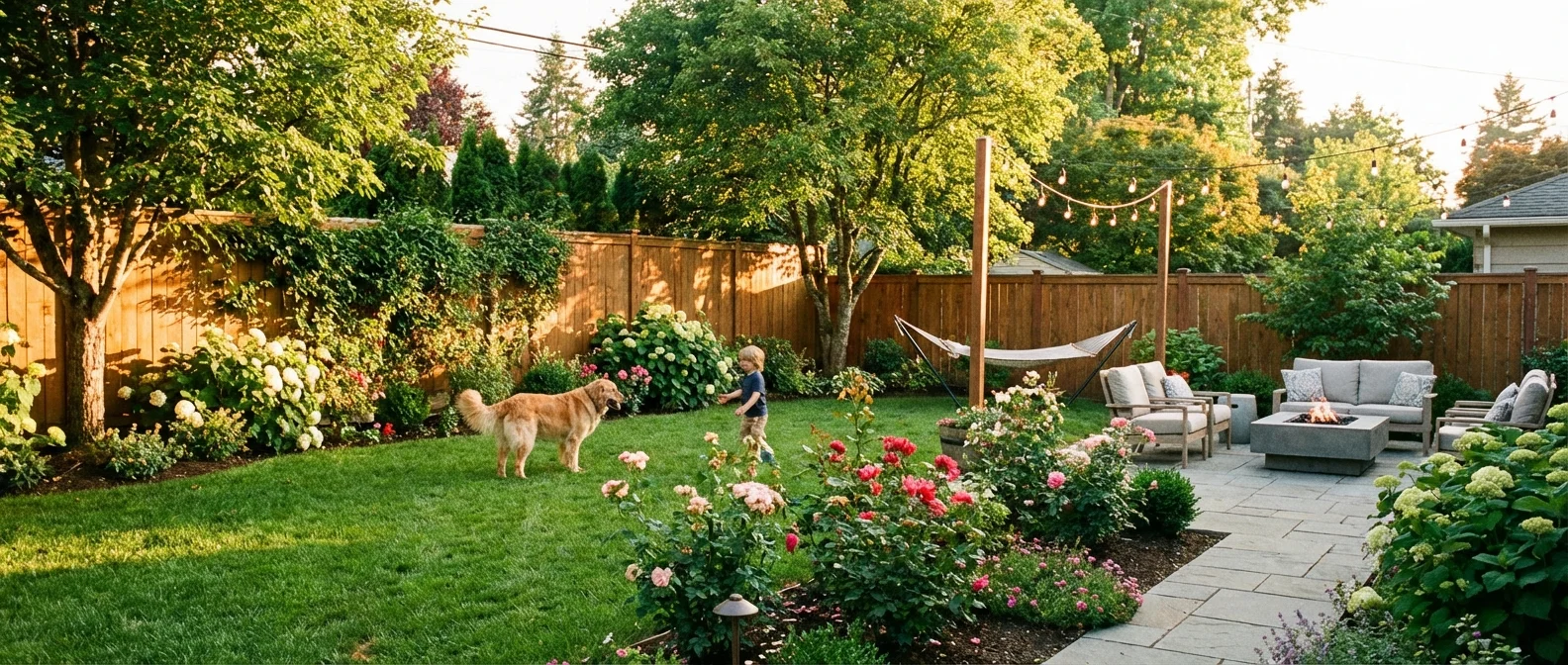 A peaceful and well-kept backyard basking in golden sunlight.