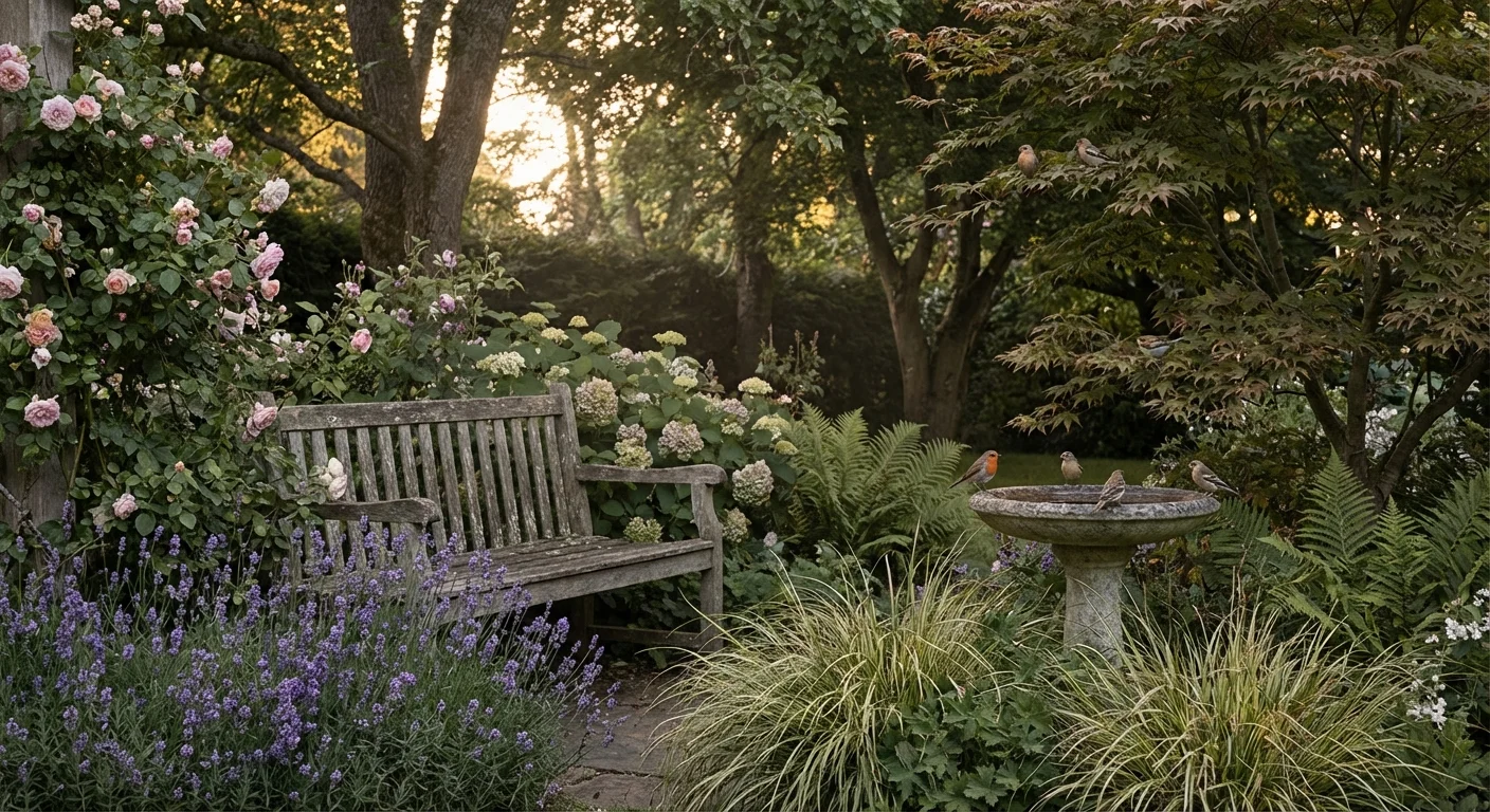 A peaceful garden bench surrounded by bird-friendly plants at sunset.
