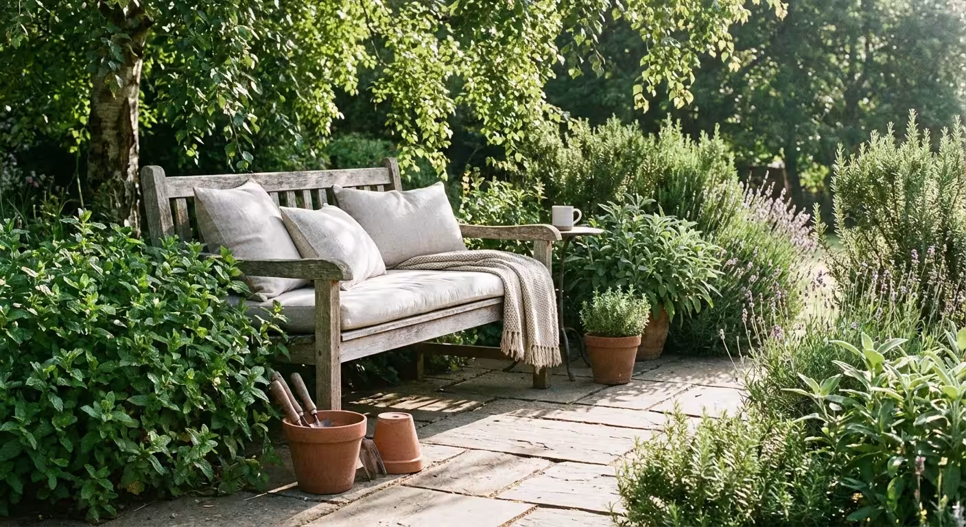 A peaceful garden patio surrounded by lush, fragrant green plants.