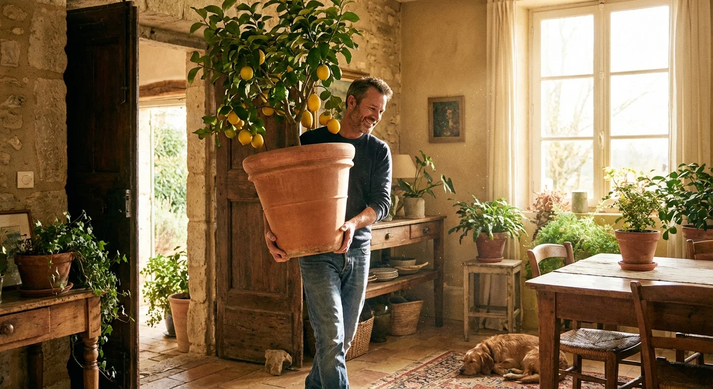 A person bringing a large potted plant inside a house.