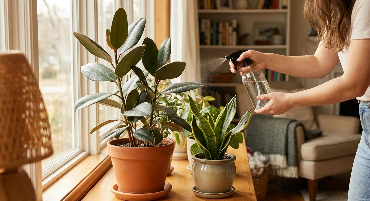 A person caring for a collection of vibrant houseplants in a sunlit home.