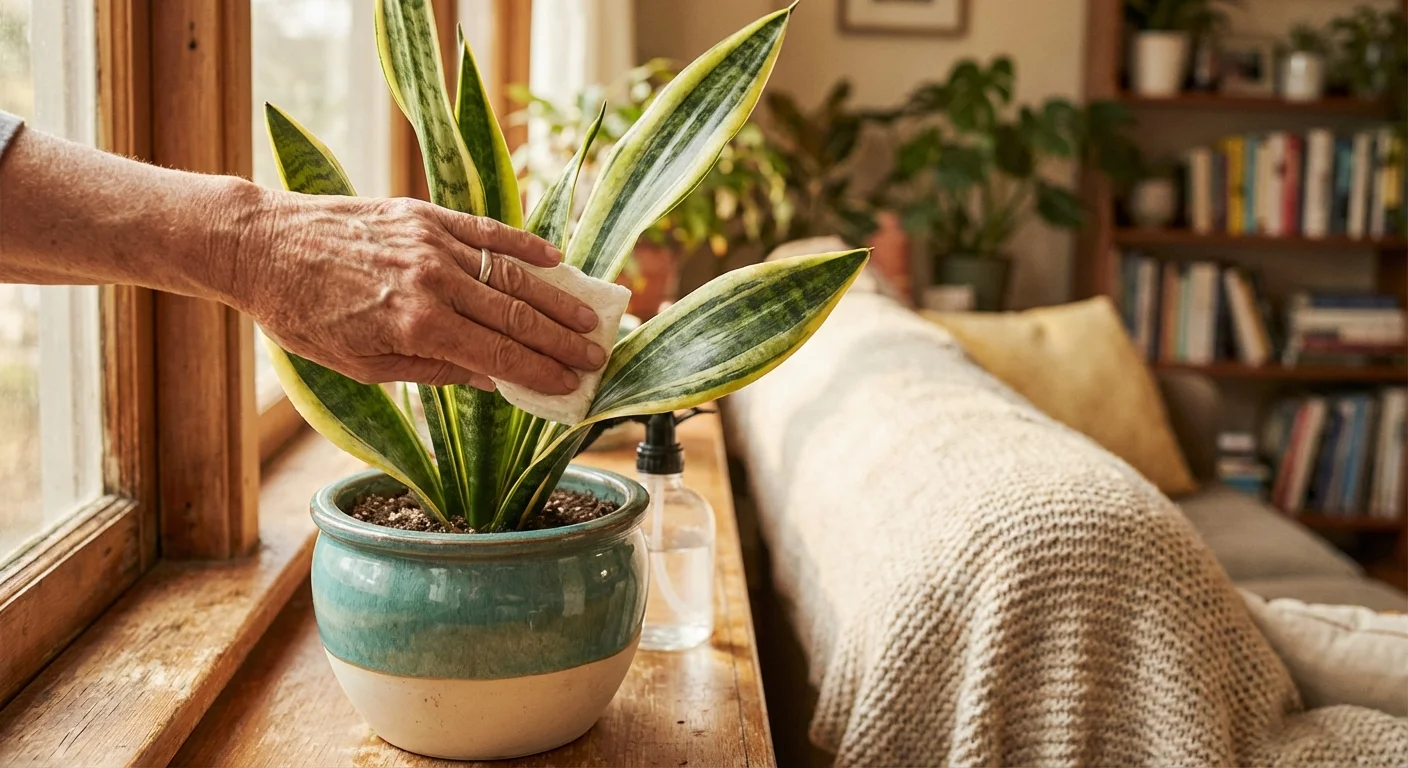 A person caring for a healthy Snake Plant in a well-lit home environment.
