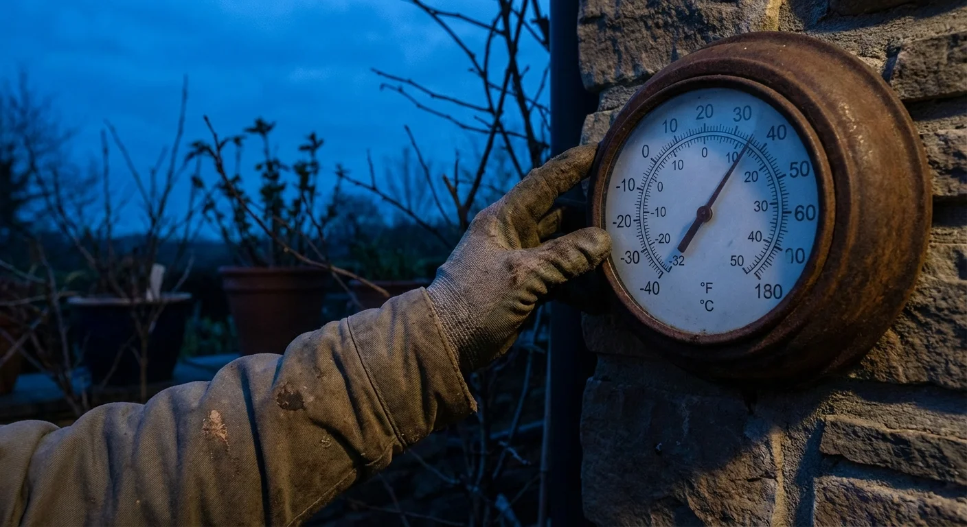 A person checking an outdoor thermometer at dusk.