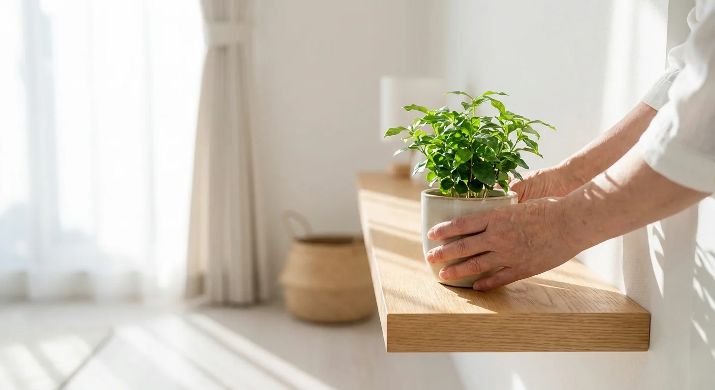 A person effortlessly decorating a modern home by placing a beautiful green houseplant on a shelf.
