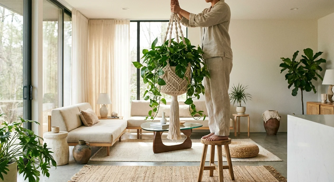 A person hanging a leafy green plant in a macrame holder inside a bright room.