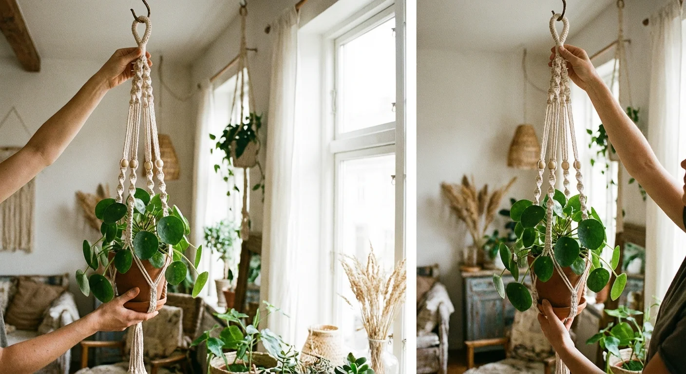 A person hanging a macramé plant holder from a ceiling hook.