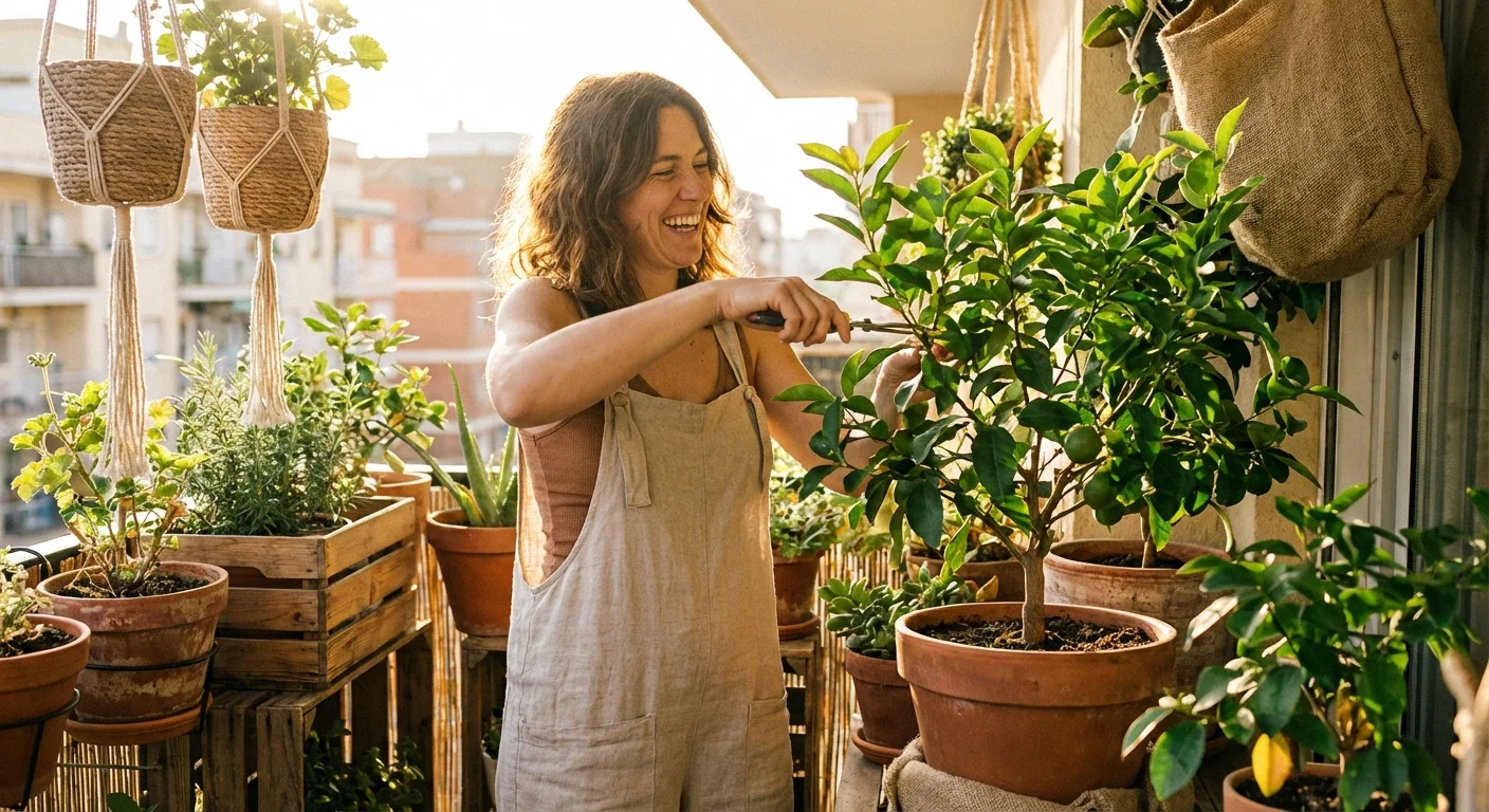 A person happily tending to plants on a bright, well-organized apartment balcony garden.