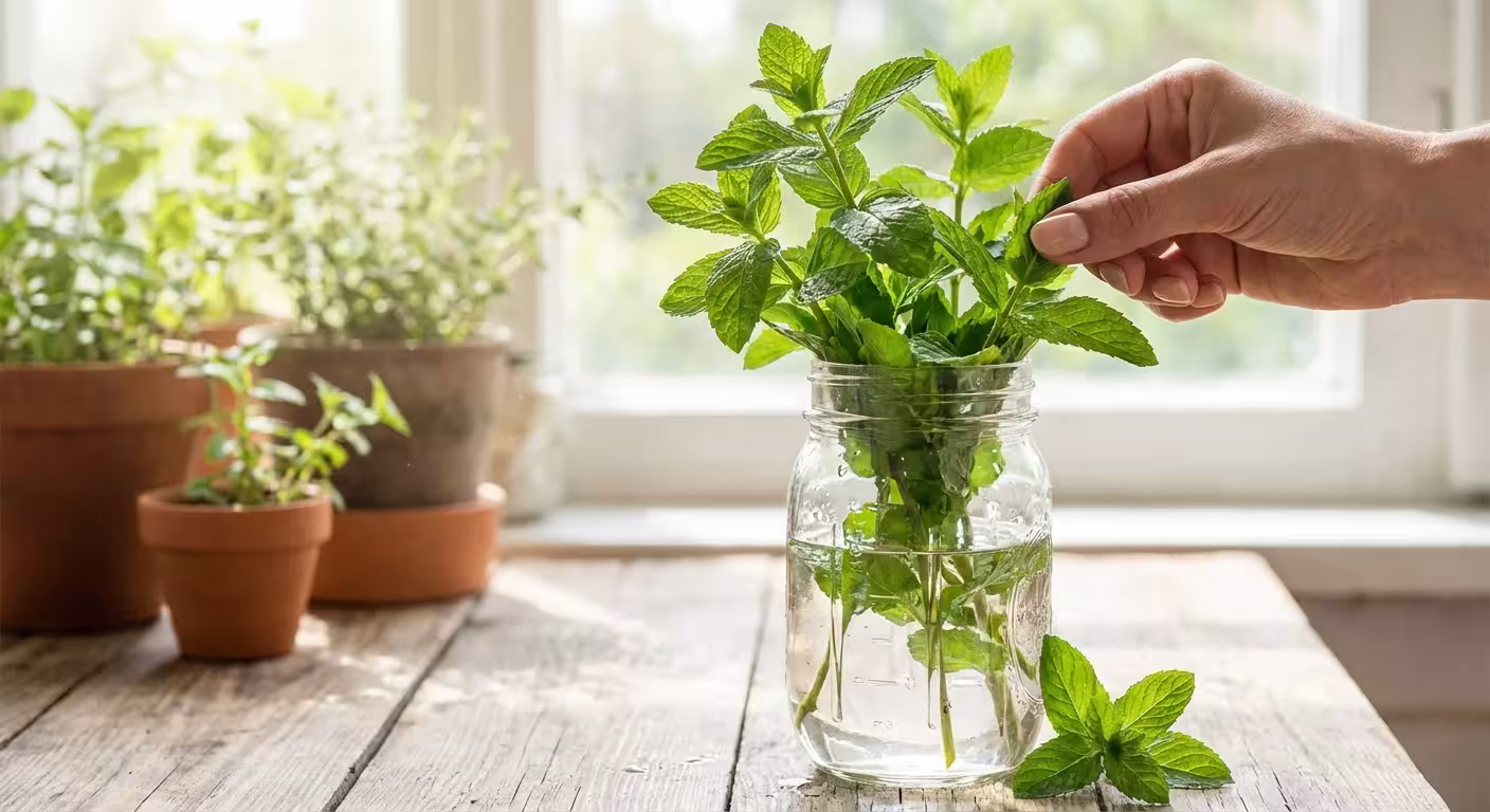 A person harvesting fresh mint leaves from a glass jar growing in water.