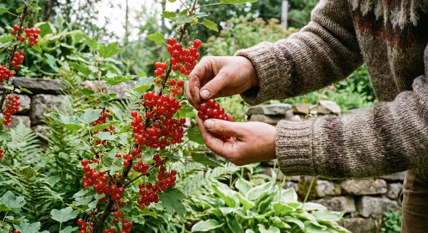 A person harvesting red currants from a bush in a northern garden.