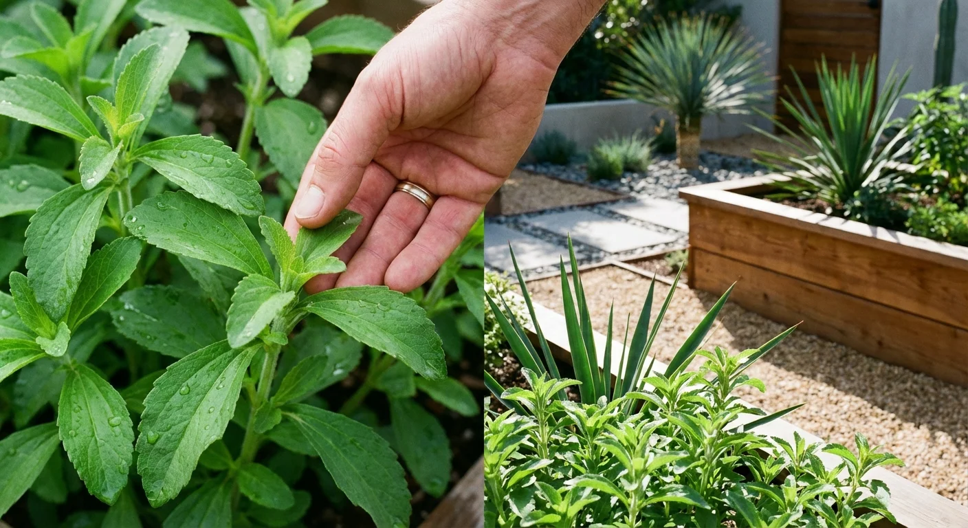 A person harvests bright green stevia leaves in a sunlit garden.