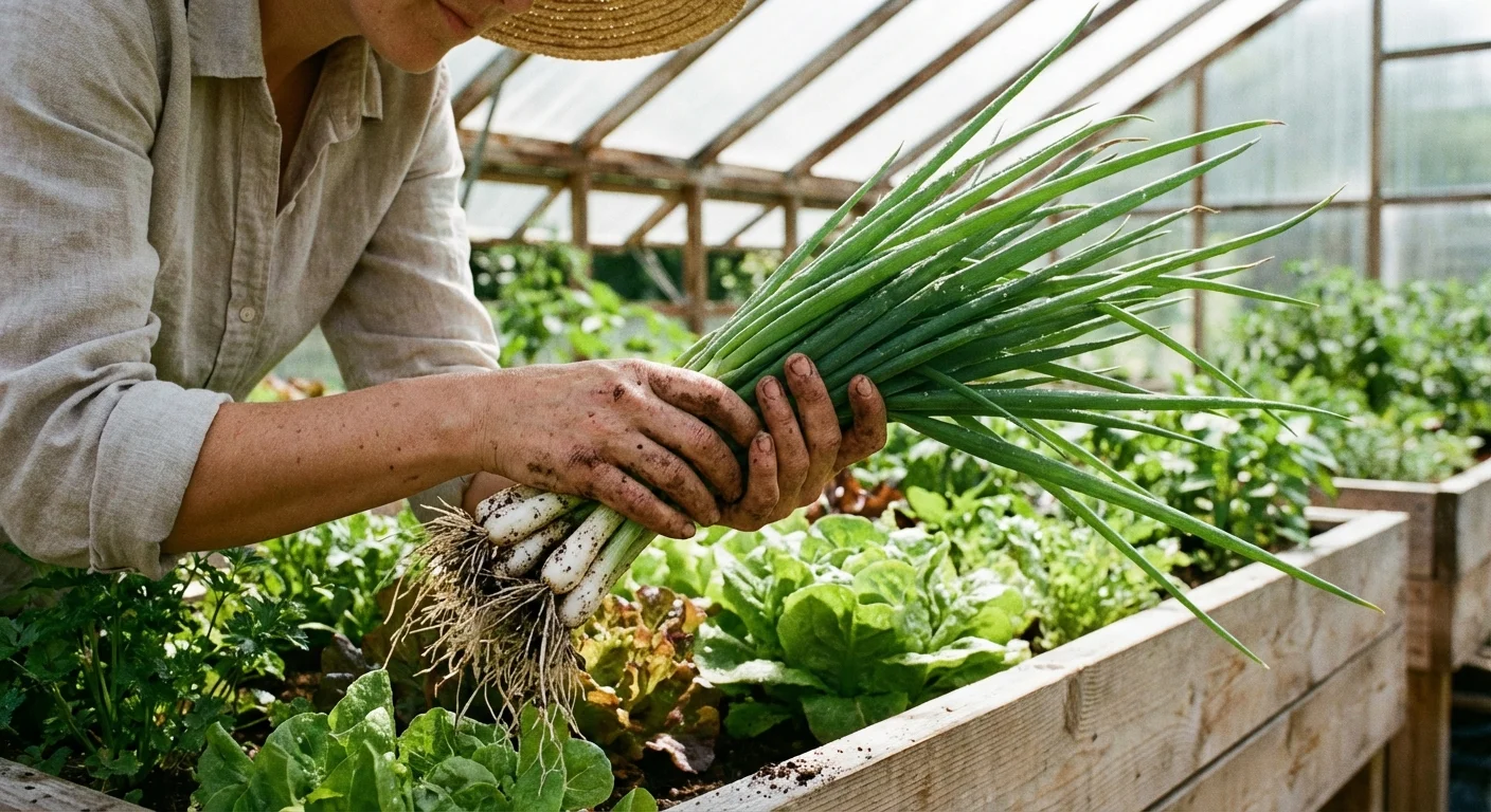 A person holding a bunch of fresh green scallions in a kitchen garden.