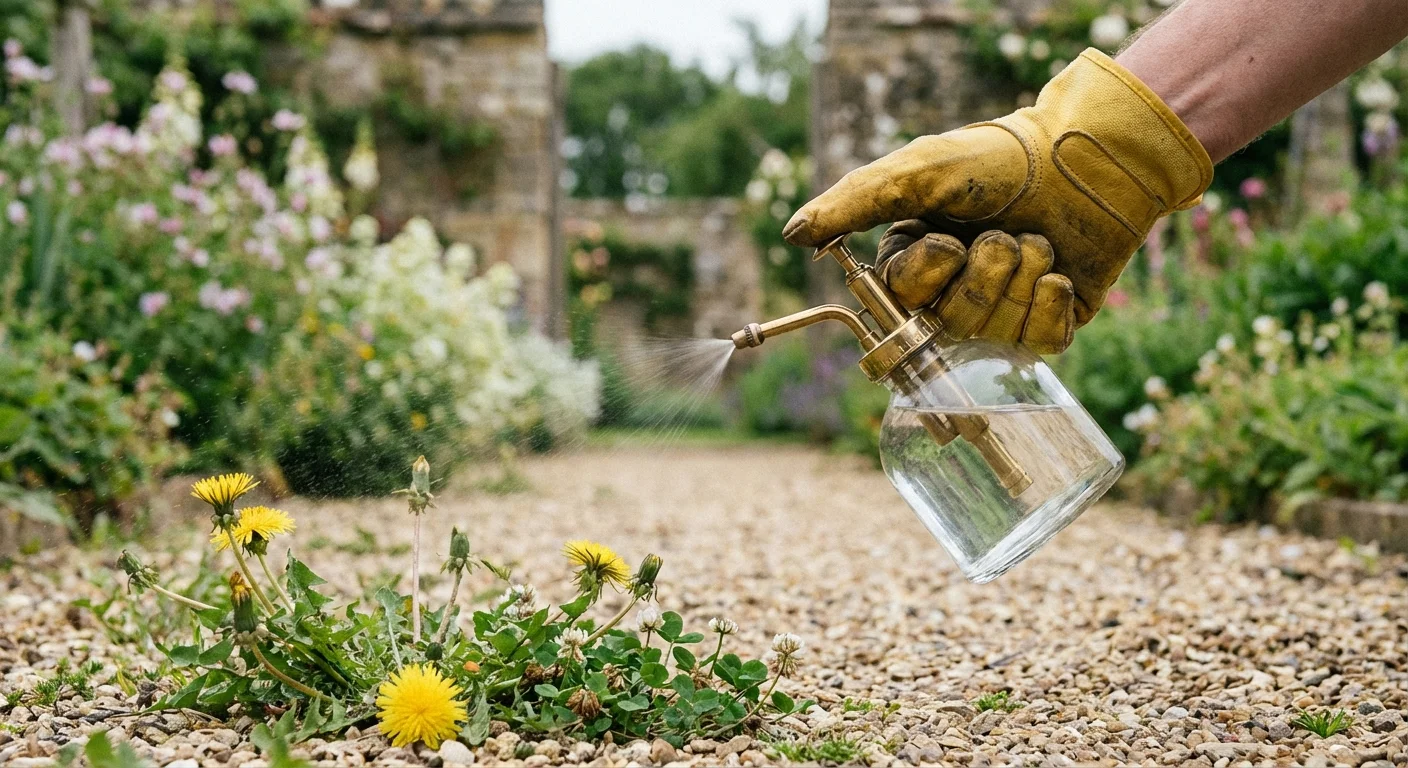 A person in gloves using a spray bottle in a garden.