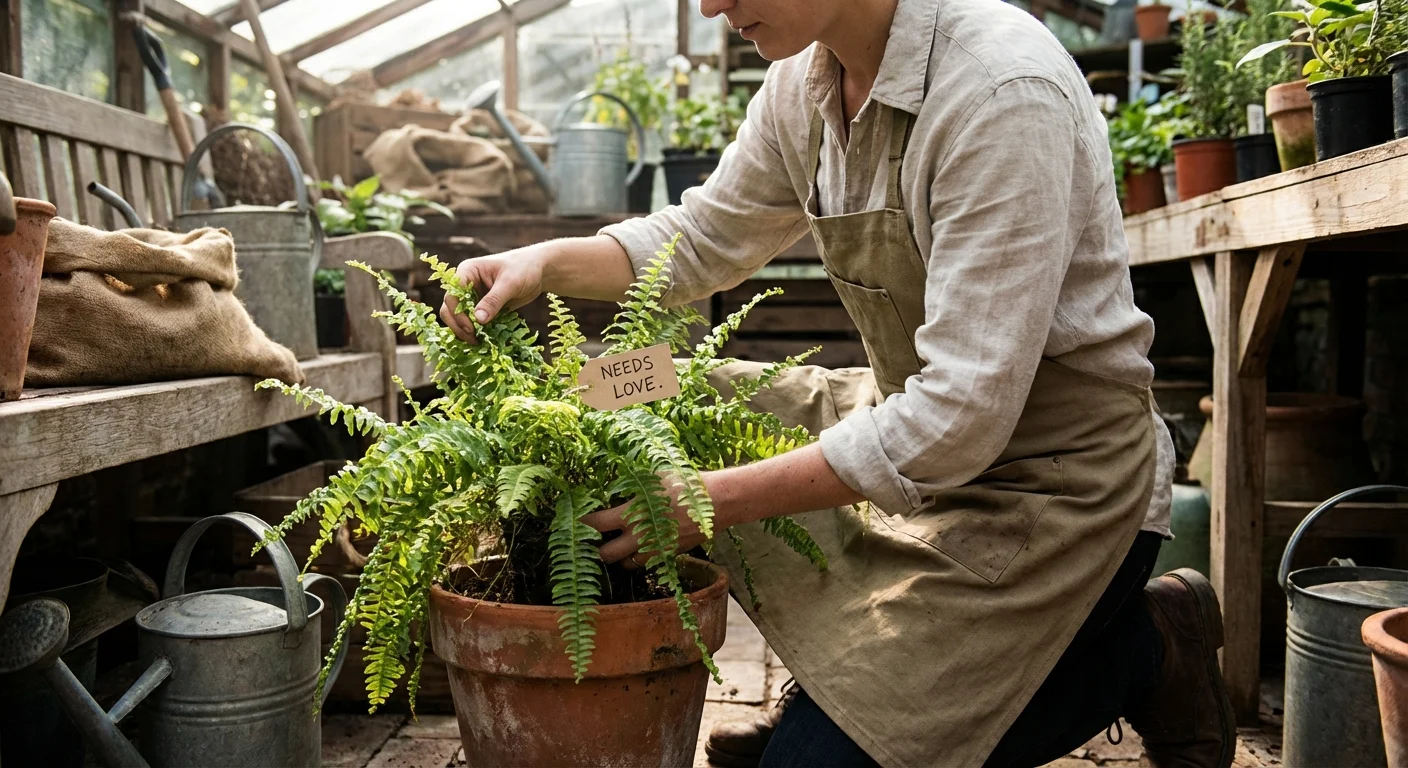 A person looking at a discounted plant in a nursery's clearance section.