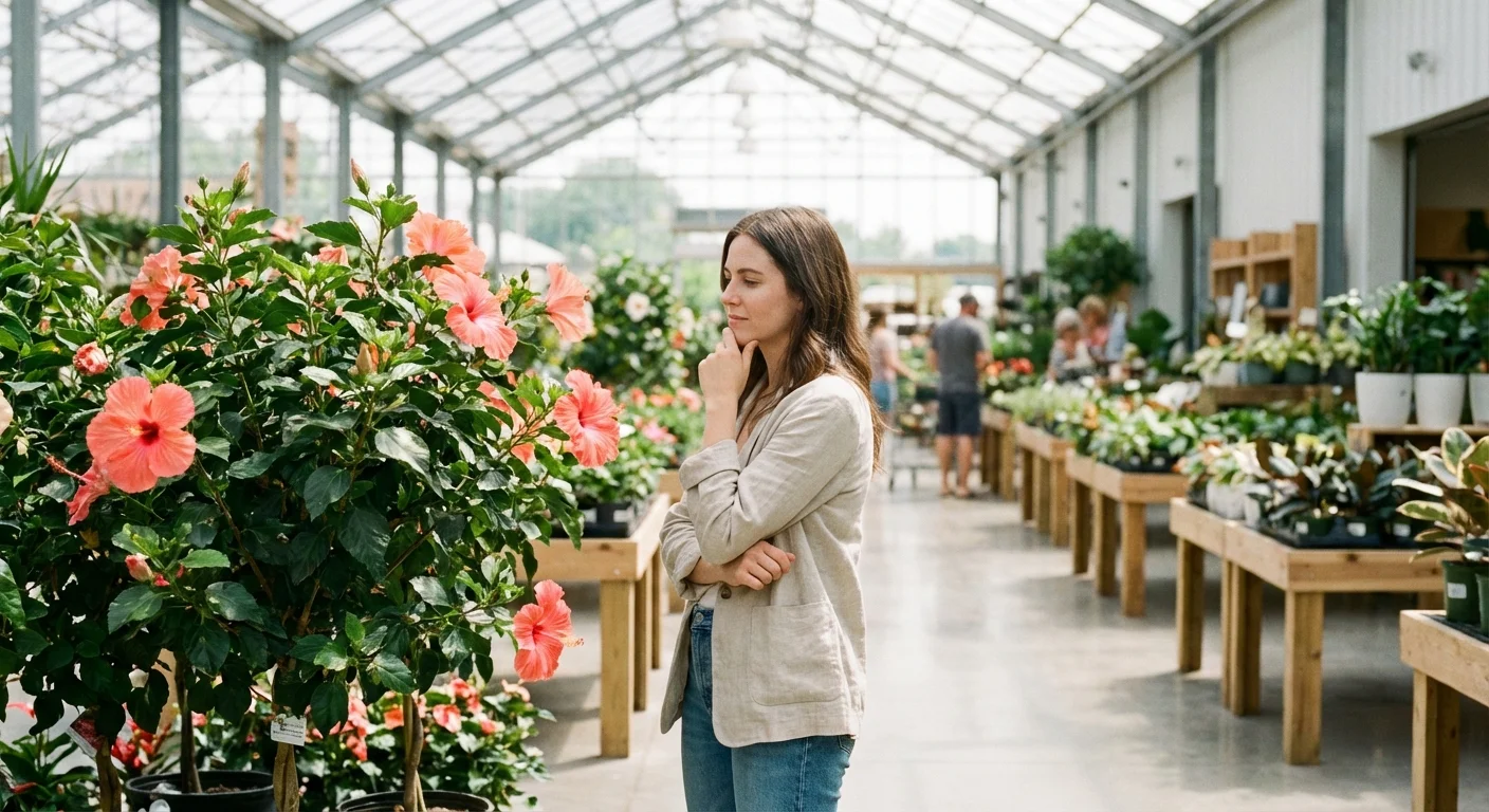A person looking at flowering plants in a bright garden center.