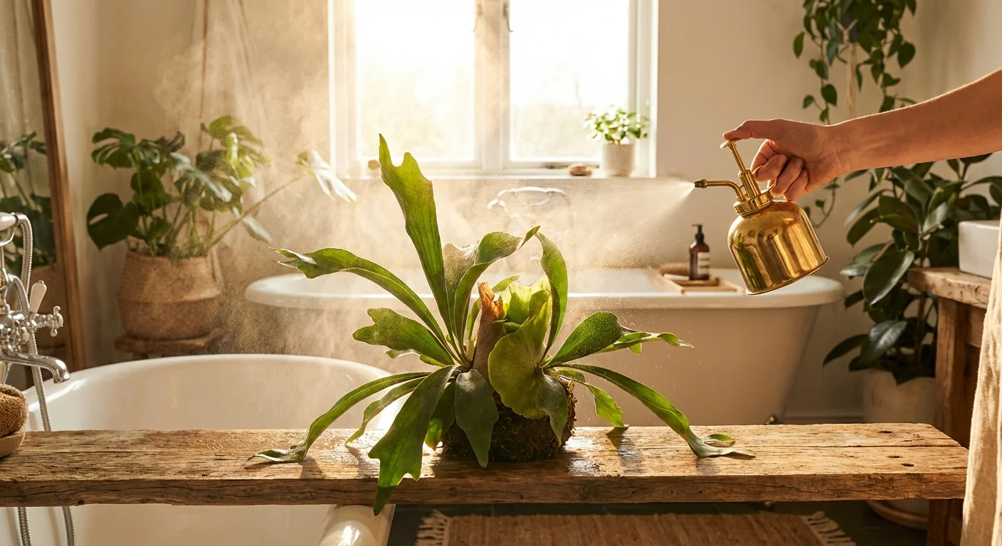 A person misting a mounted Staghorn fern in a bright bathroom.