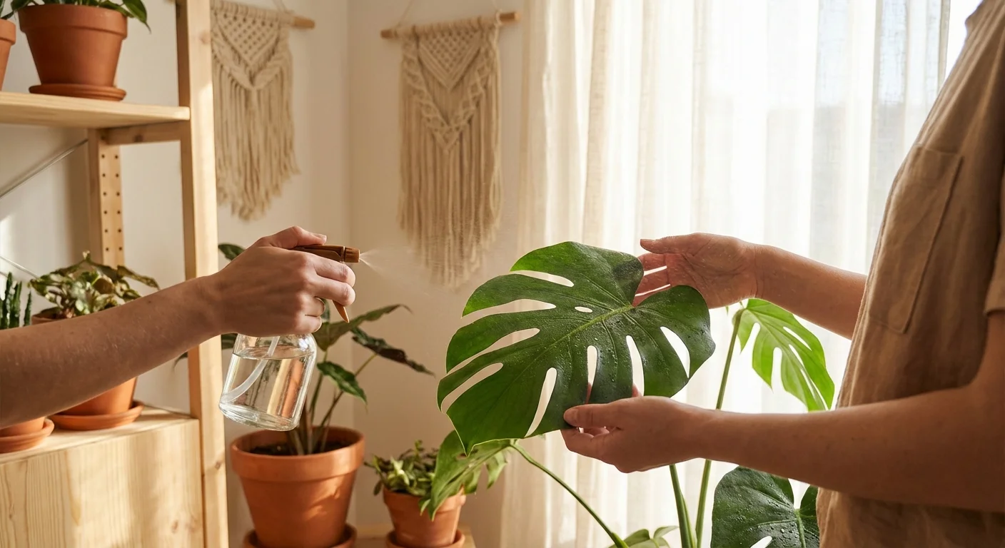 A person misting the leaves of a large Monstera plant in a bright, modern room.