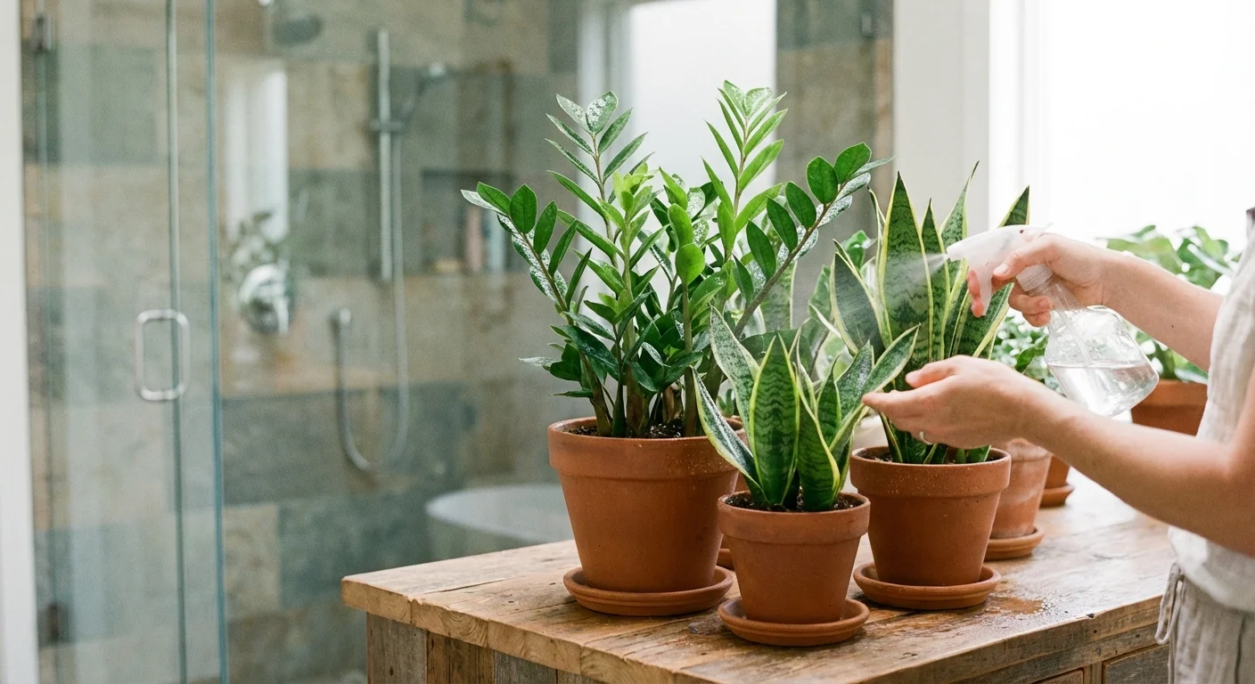 A person misting various green indoor plants on a wooden vanity in a bright, modern bathroom.