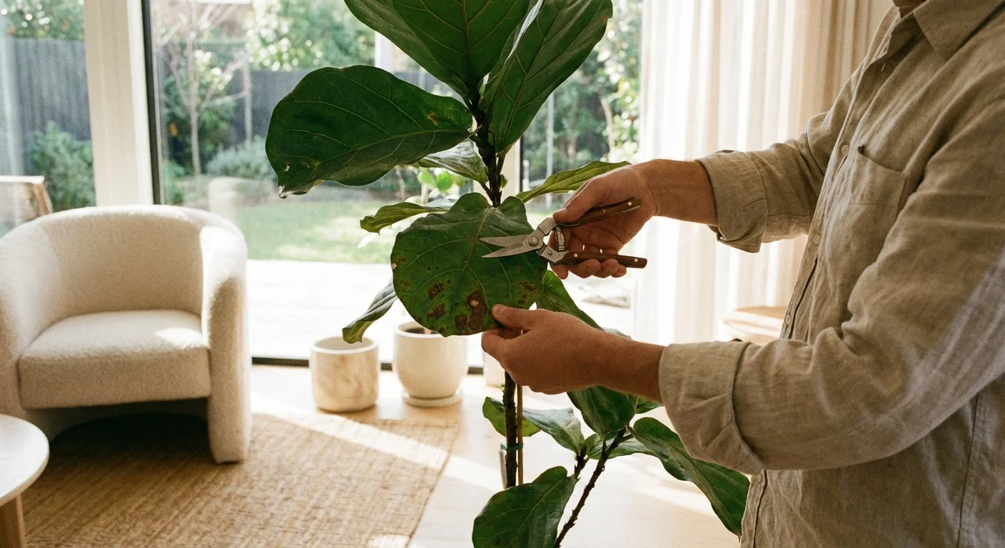 A person pruning a spotted leaf from a houseplant with silver shears.