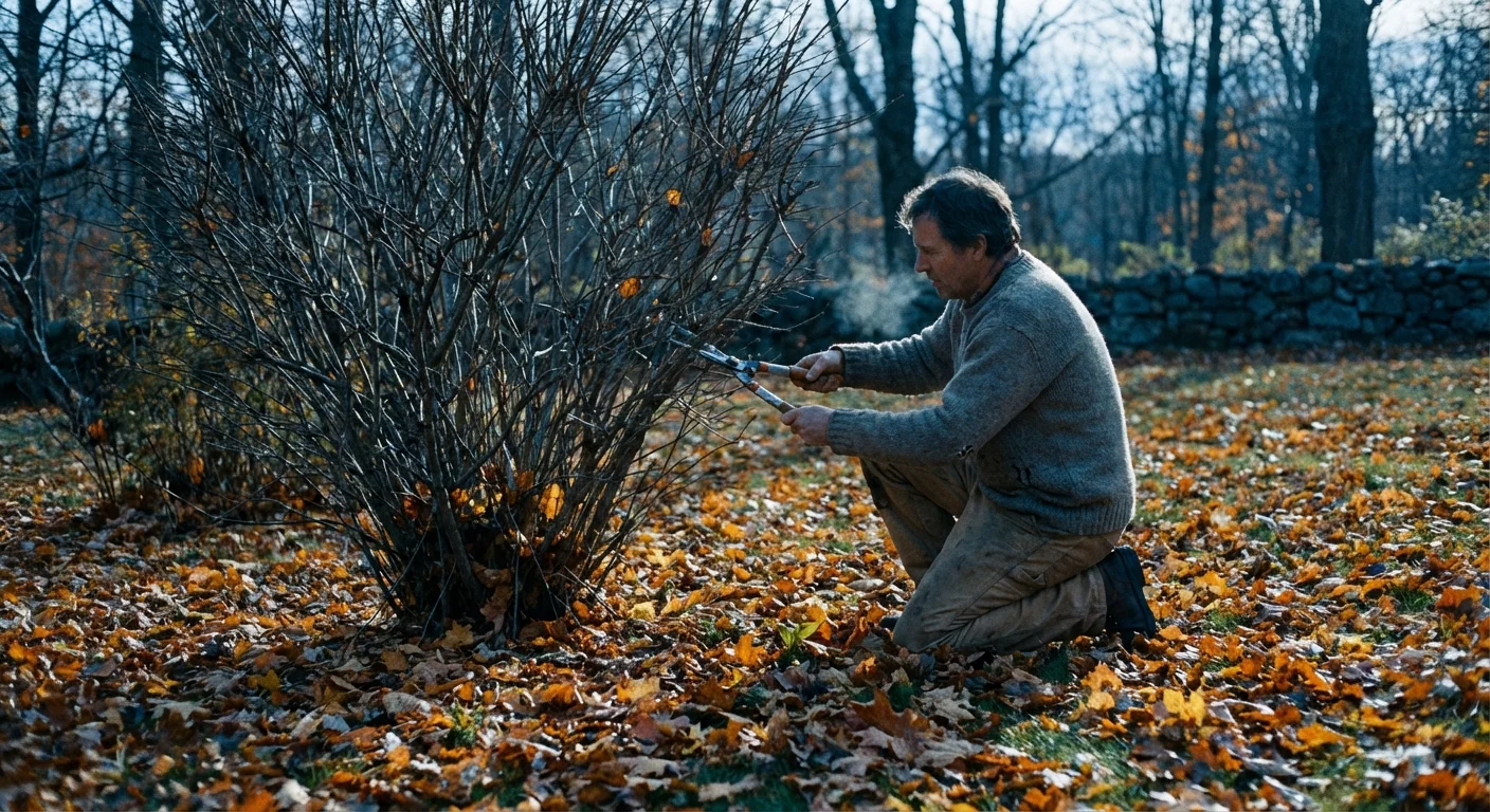 A person pruning garden plants during the autumn season with fallen leaves on the ground.