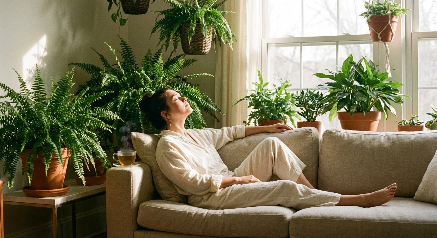 A person relaxing in a clean, plant-filled room, illustrating the health and wellness benefits of indoor greenery.