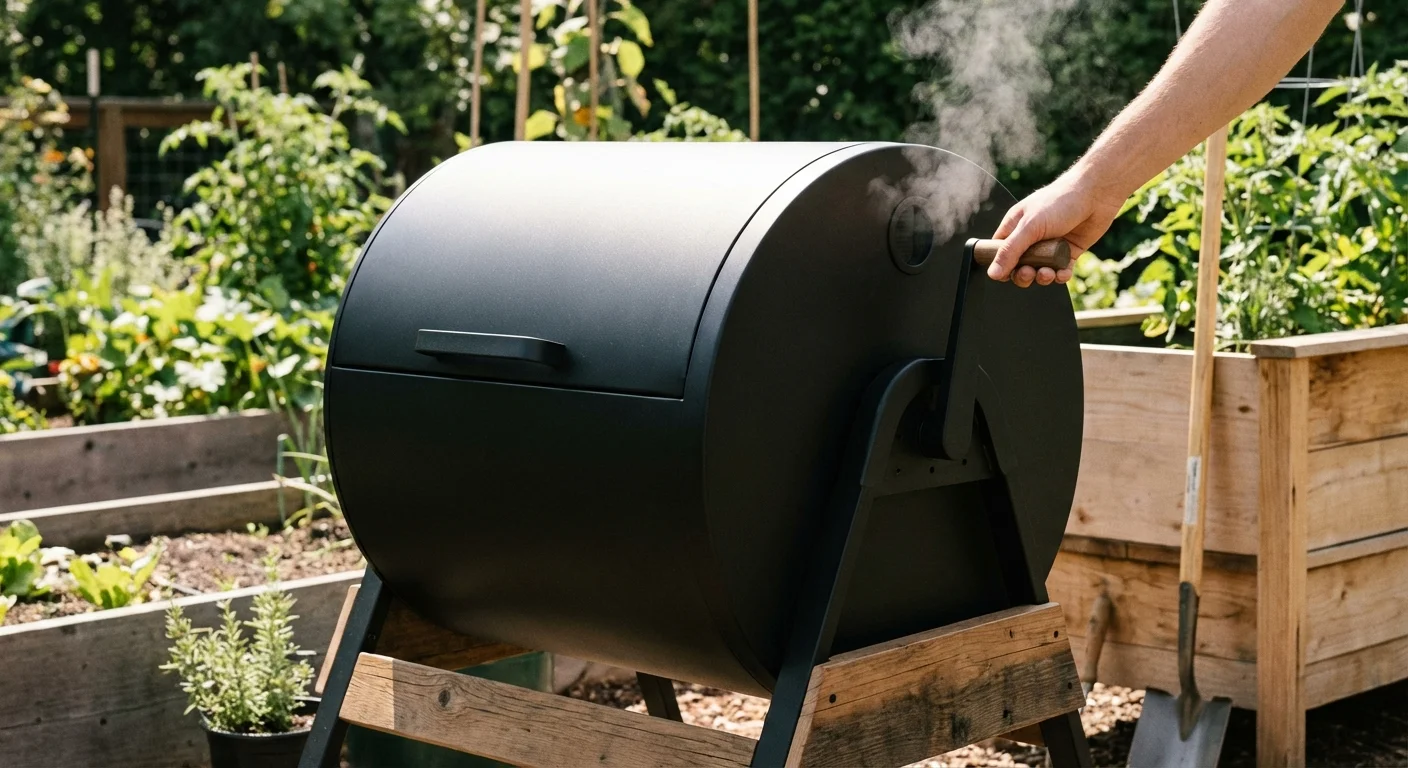 A person rotating a modern black compost tumbler in a sunny garden.