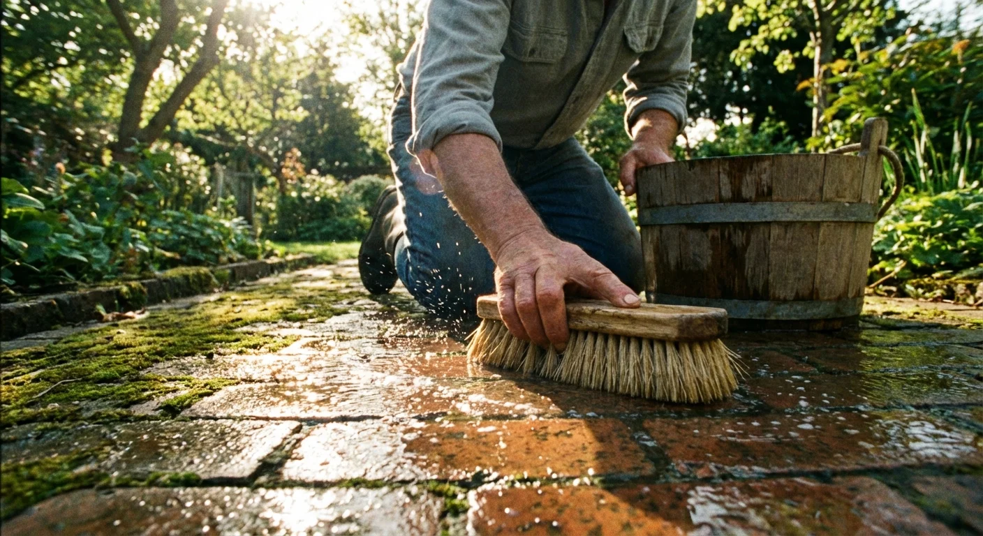 A person scrubbing a brick garden walkway with a brush and cleaning solution.