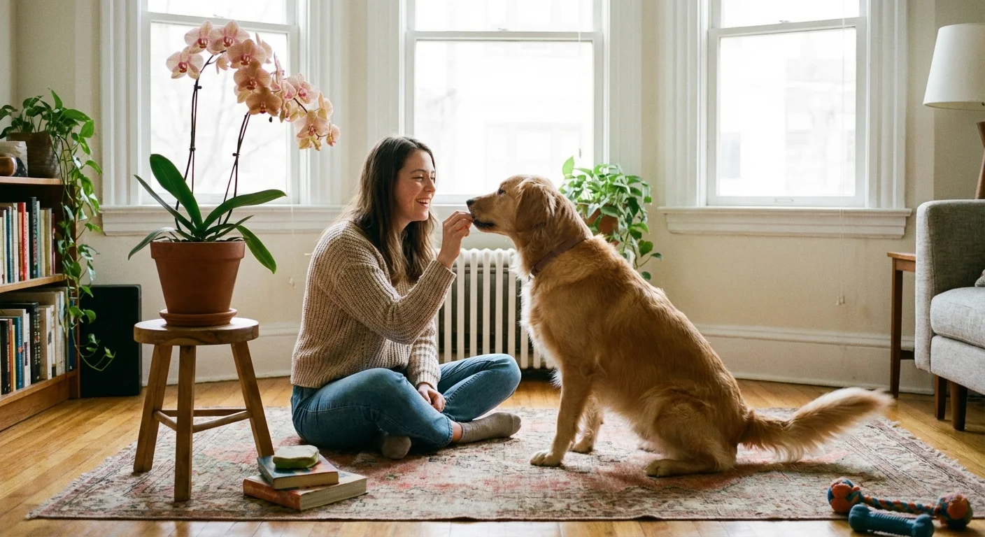 A person training their dog with treats to stay away from a potted plant.