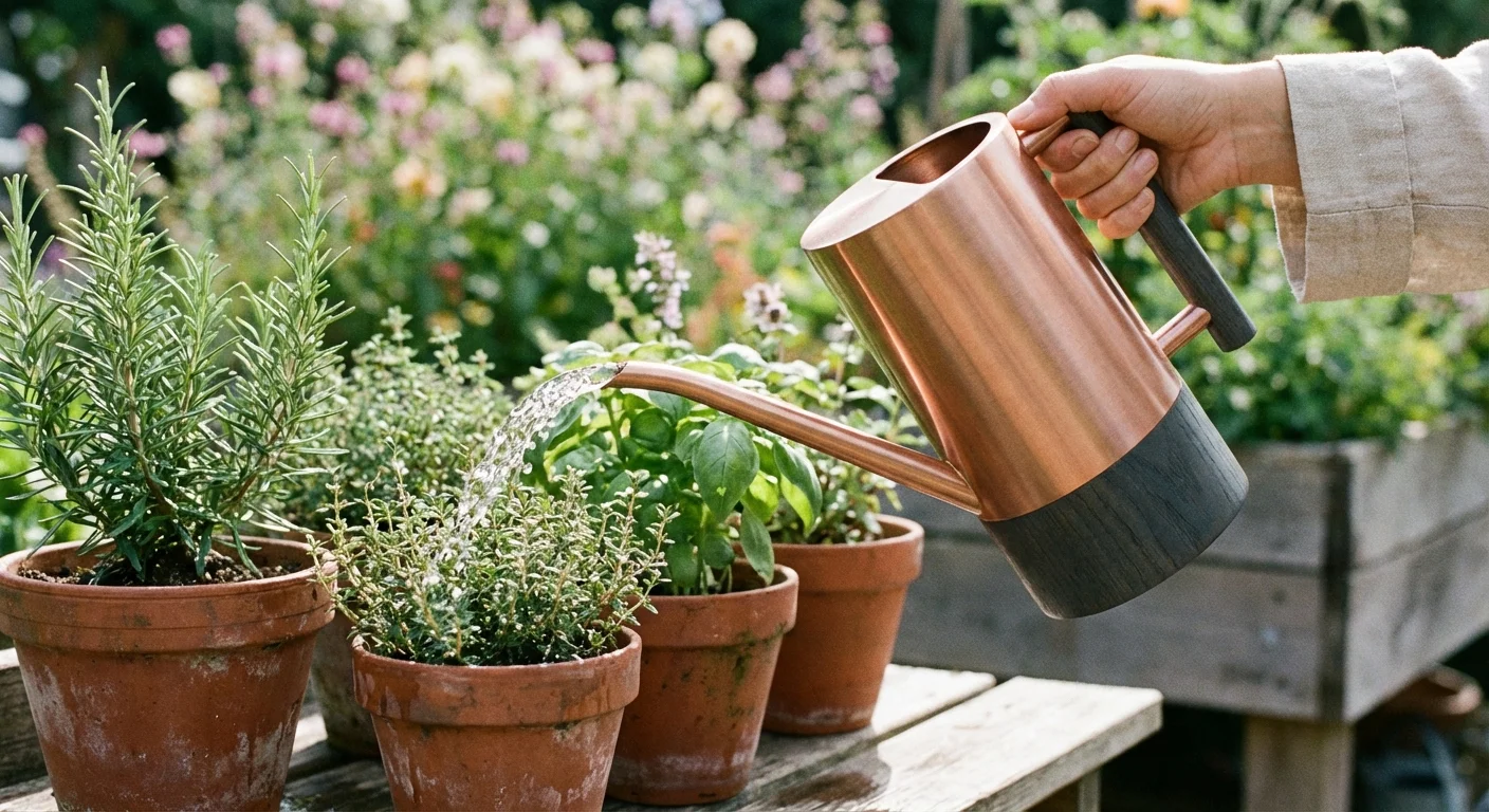 A person using a balanced, lightweight watering can on potted plants.