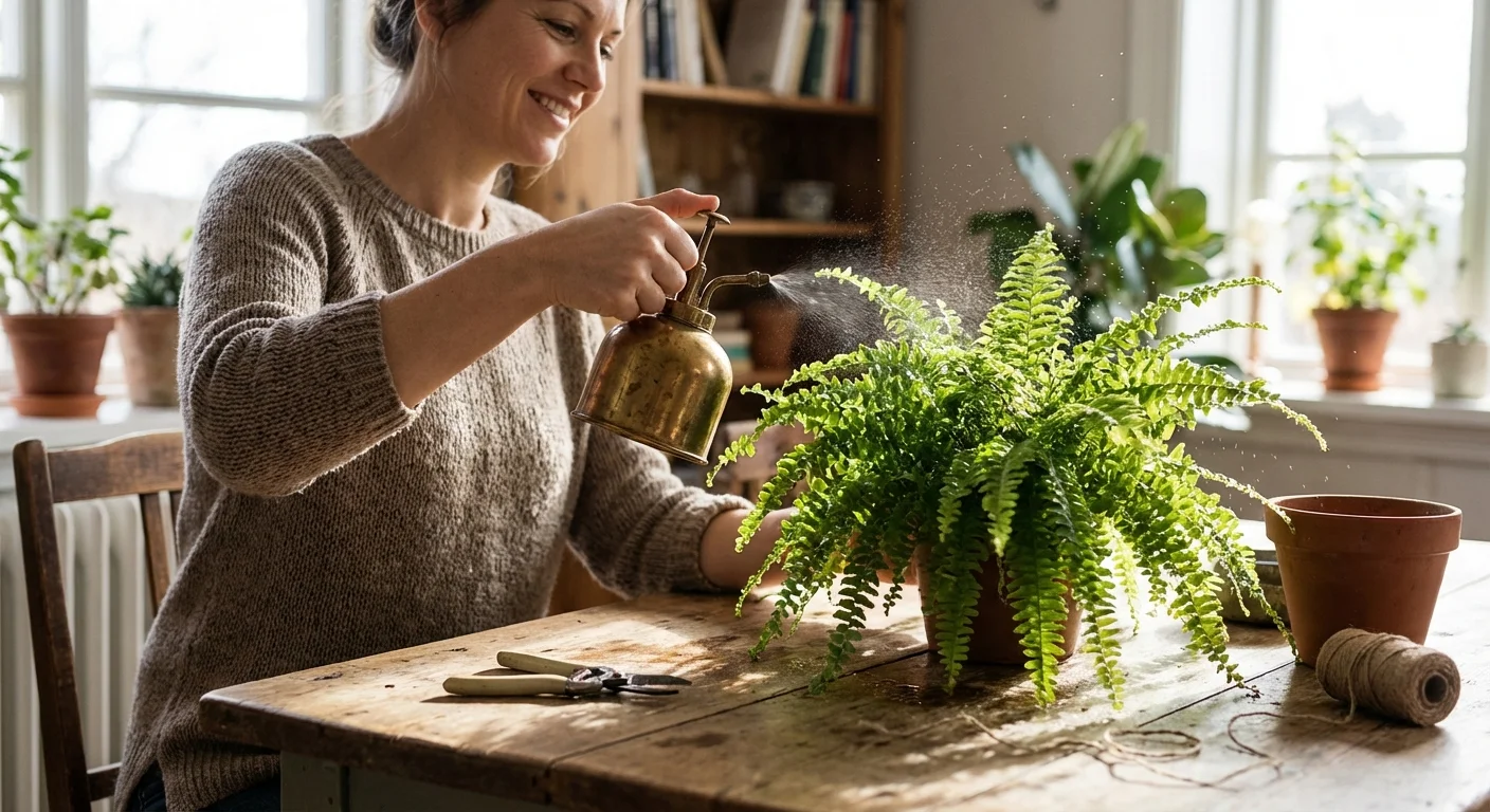 A person using a brass mister to care for a green fern in a cozy, warm home setting.