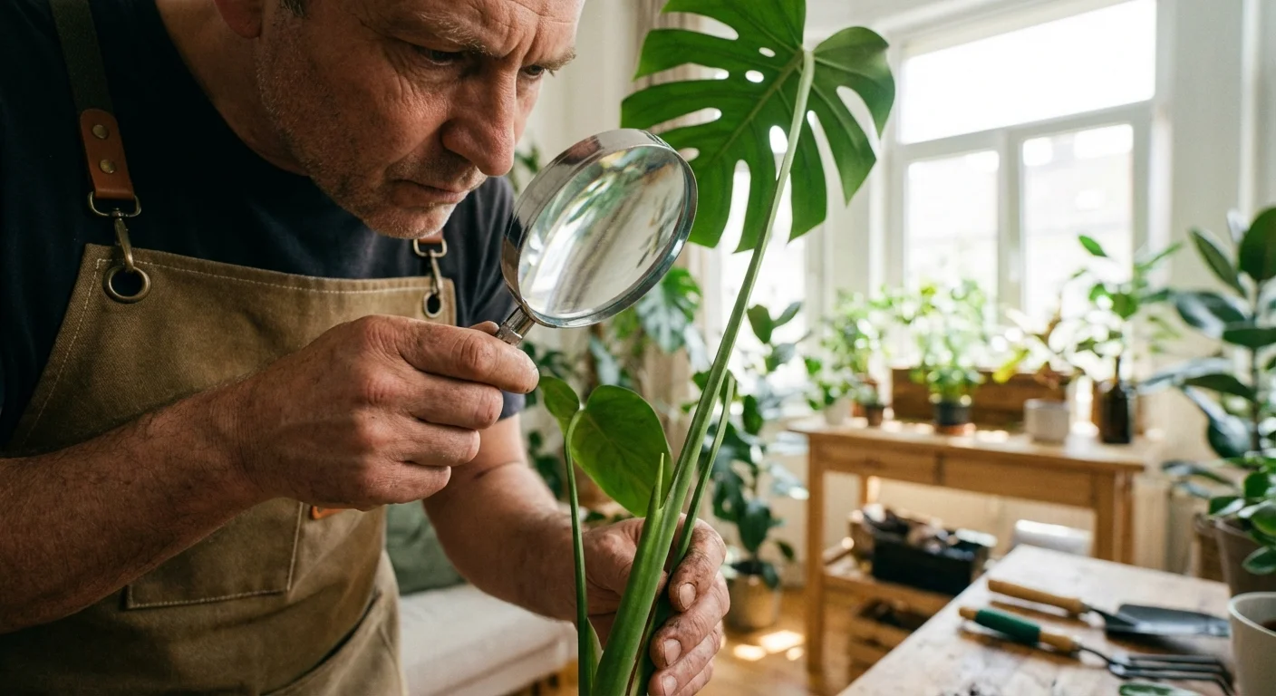 A person using a magnifying glass to check a plant for pests.