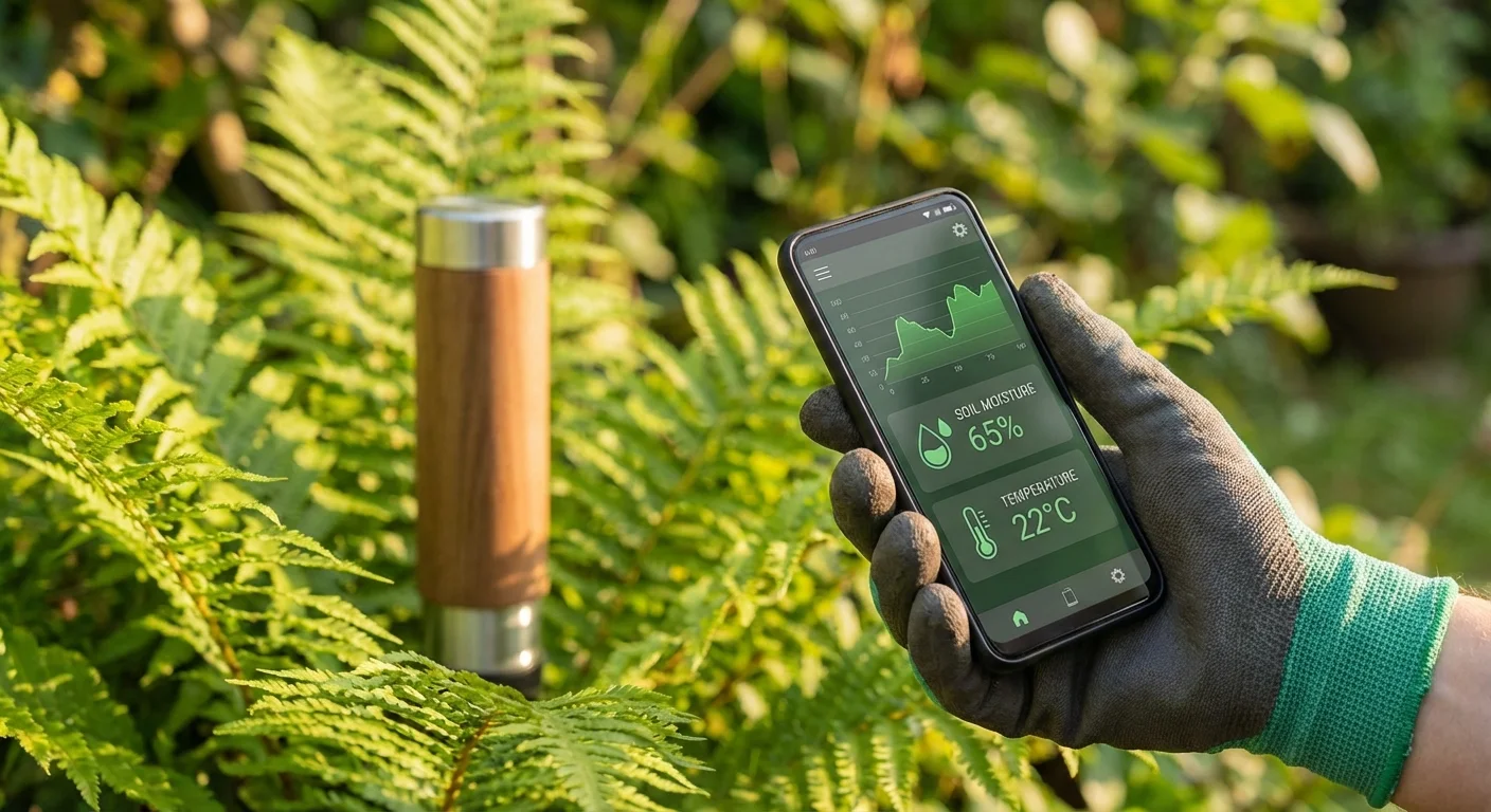 A person using a smartphone app to monitor soil health via a smart sensor in a lush garden.