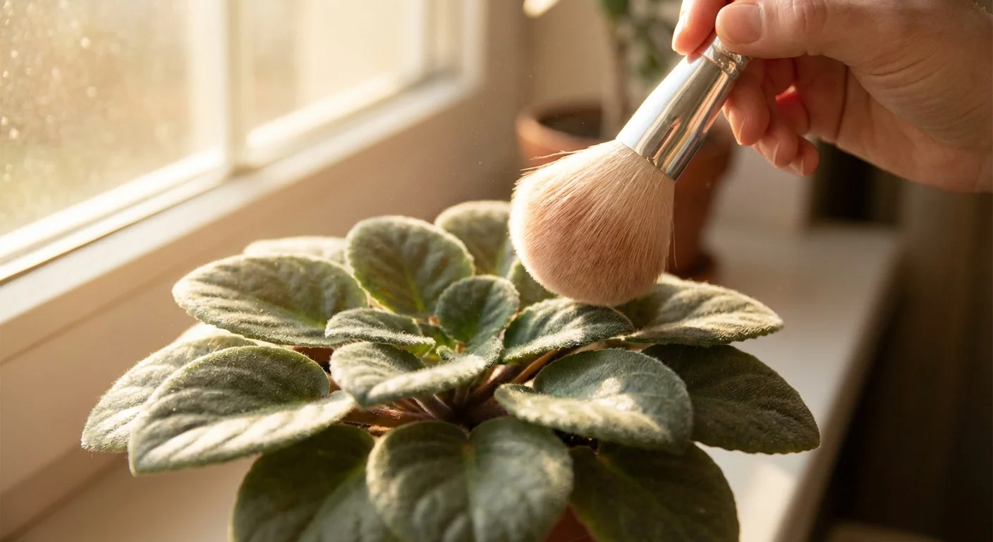 A person using a soft makeup brush to gently remove dust from a fuzzy-leafed African Violet.