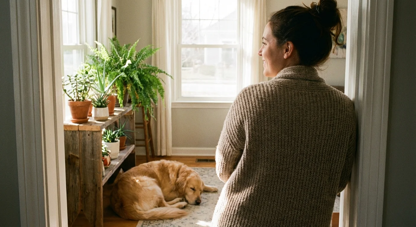A person watching their dog through a doorway to ensure they don't bother the plants.