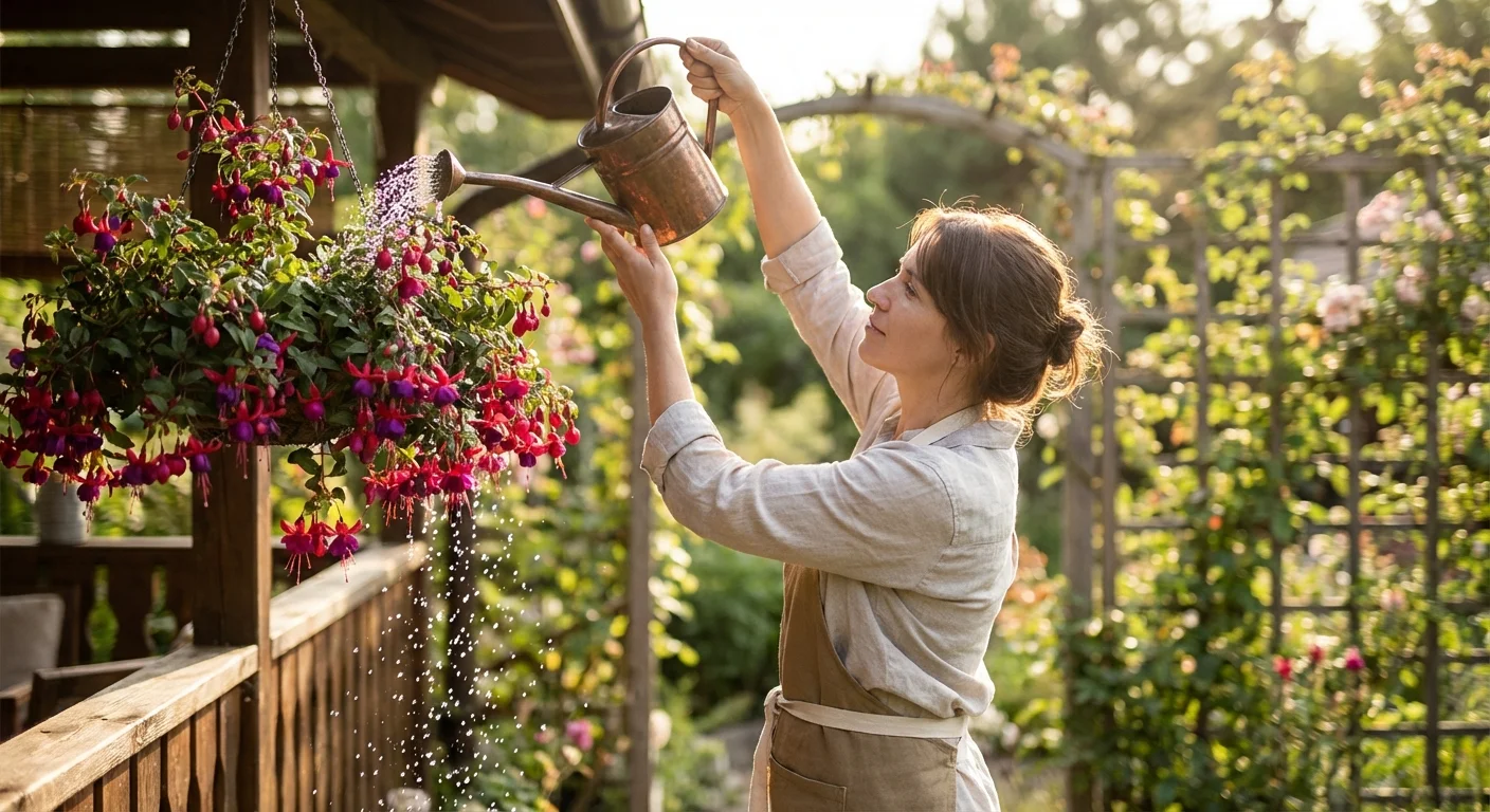 A person watering a hanging basket of fuchsia flowers with a vintage watering can.