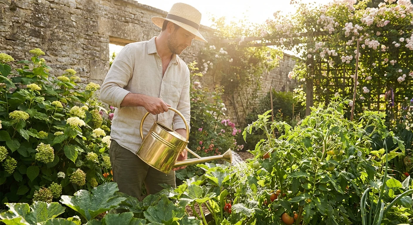 A person watering green plants with a watering can under bright sunlight.