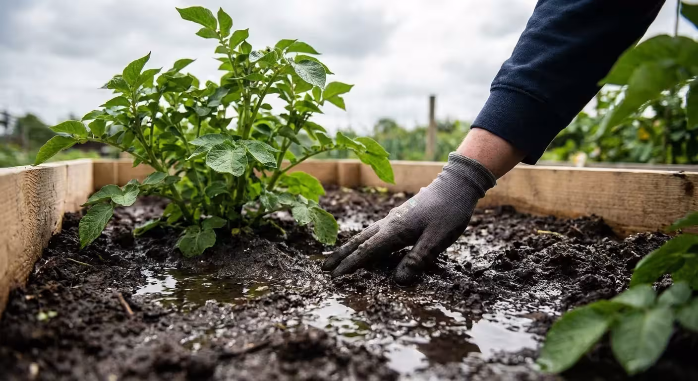 A person's hand touching wet, muddy soil around a plant in a garden.