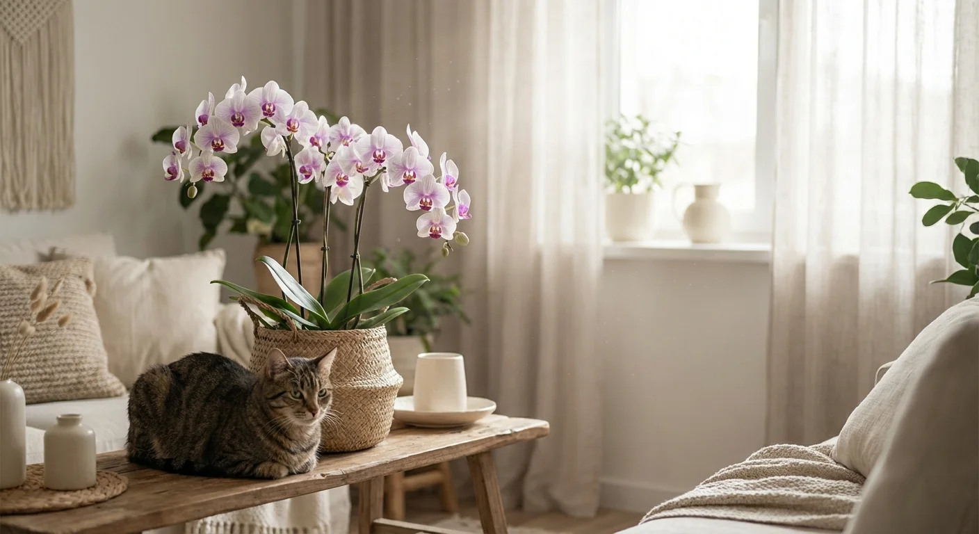 A pet cat sitting peacefully next to a non-toxic orchid plant in a well-lit home.