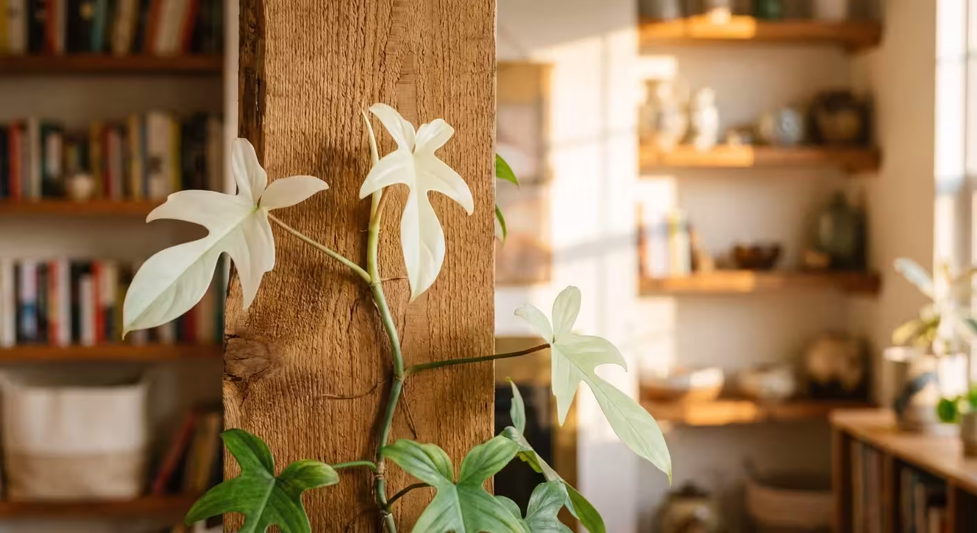 A Philodendron Florida Ghost plant with its signature ghostly white new leaves.