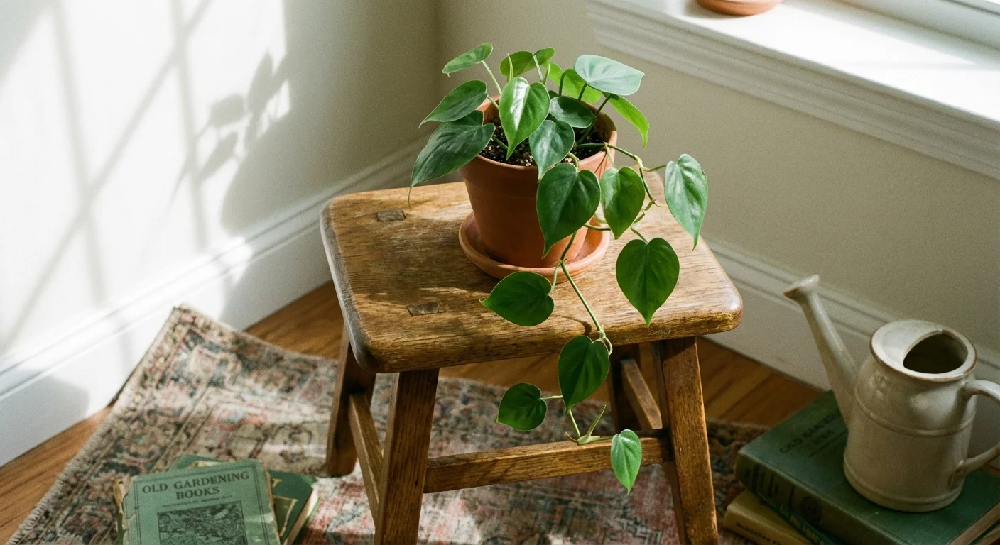 A Philodendron plant with heart-shaped leaves on a small wooden stool.
