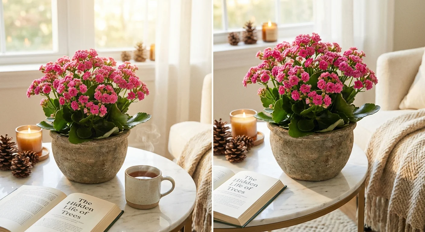 A pink flowering Kalanchoe plant on a coffee table next to a cozy mug and book.