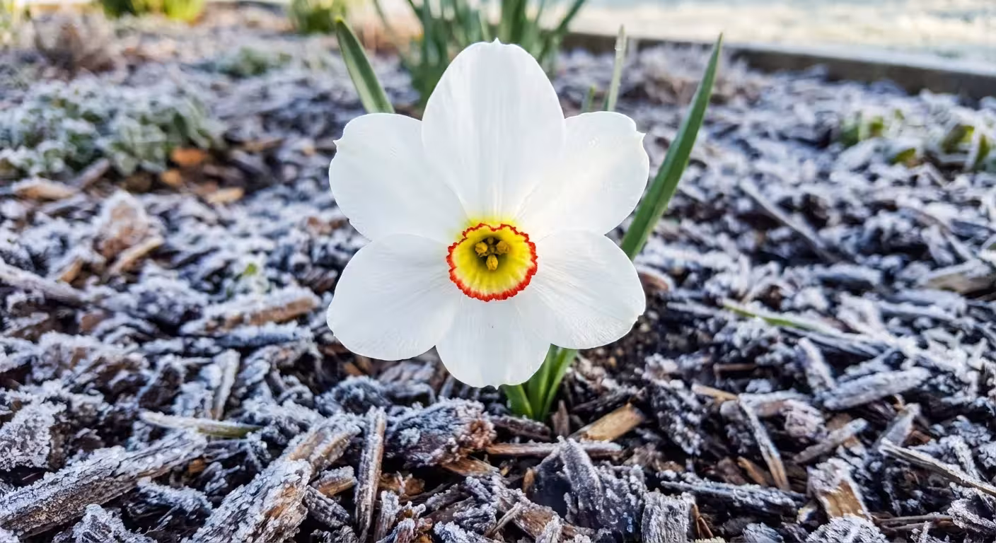 A Poet's Daffodil flower with white petals and a yellow center in a frosted garden.